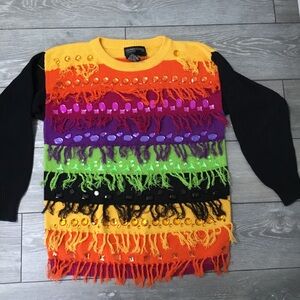 Vintage 1992 SPREE International Rainbow Rhinestone Fringe Sweater Oversize S